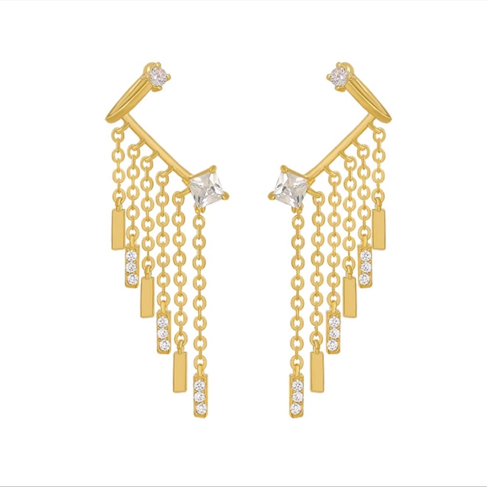 New Gold Fringe Asymmetrical Fringe Drop Earrings - Picture 3 of 3
